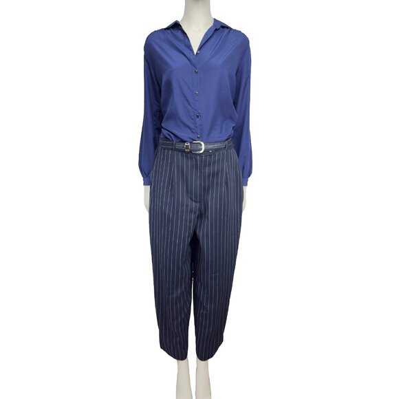 HIROKO VTG Designer Barrel Pinstripe Preppy Belted Ankle Office Pant Trousers 12 - Picture 2 of 8